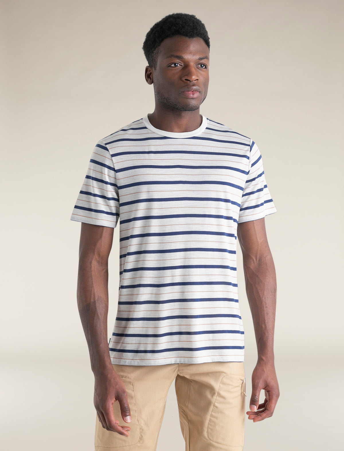 Men's Merino Blend Wave T-Shirt Stripe Ecru Heather/Royal Navy - 1