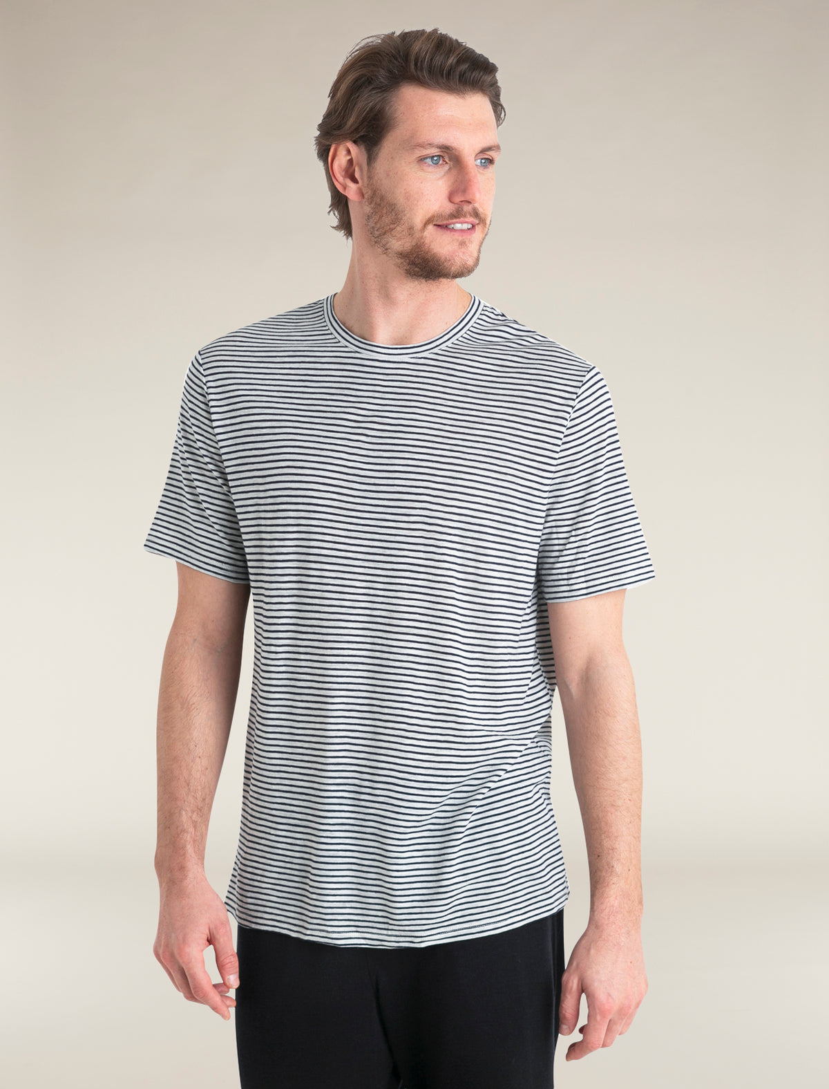 Men's Merino Linen T-Shirt Stripe Snow/Midnight Navy - 1