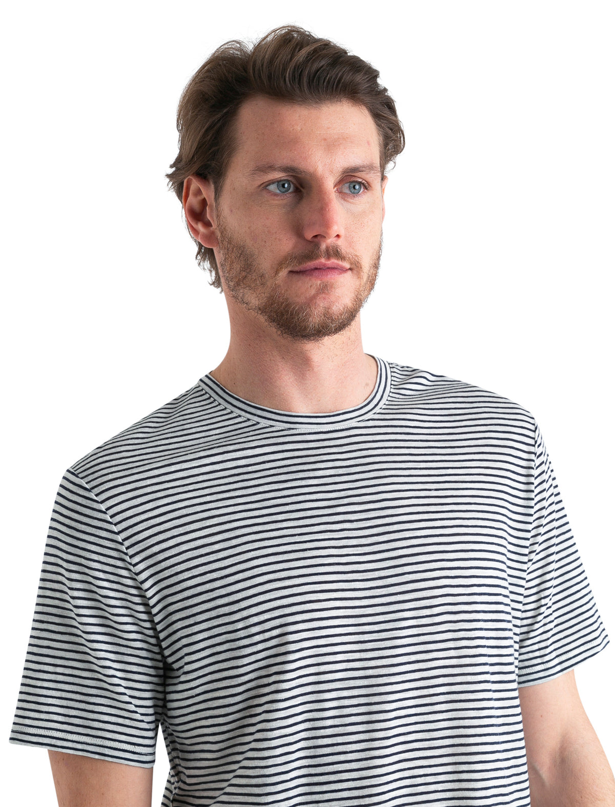 Men's Merino Linen T-Shirt Stripe Snow/Midnight Navy - 4