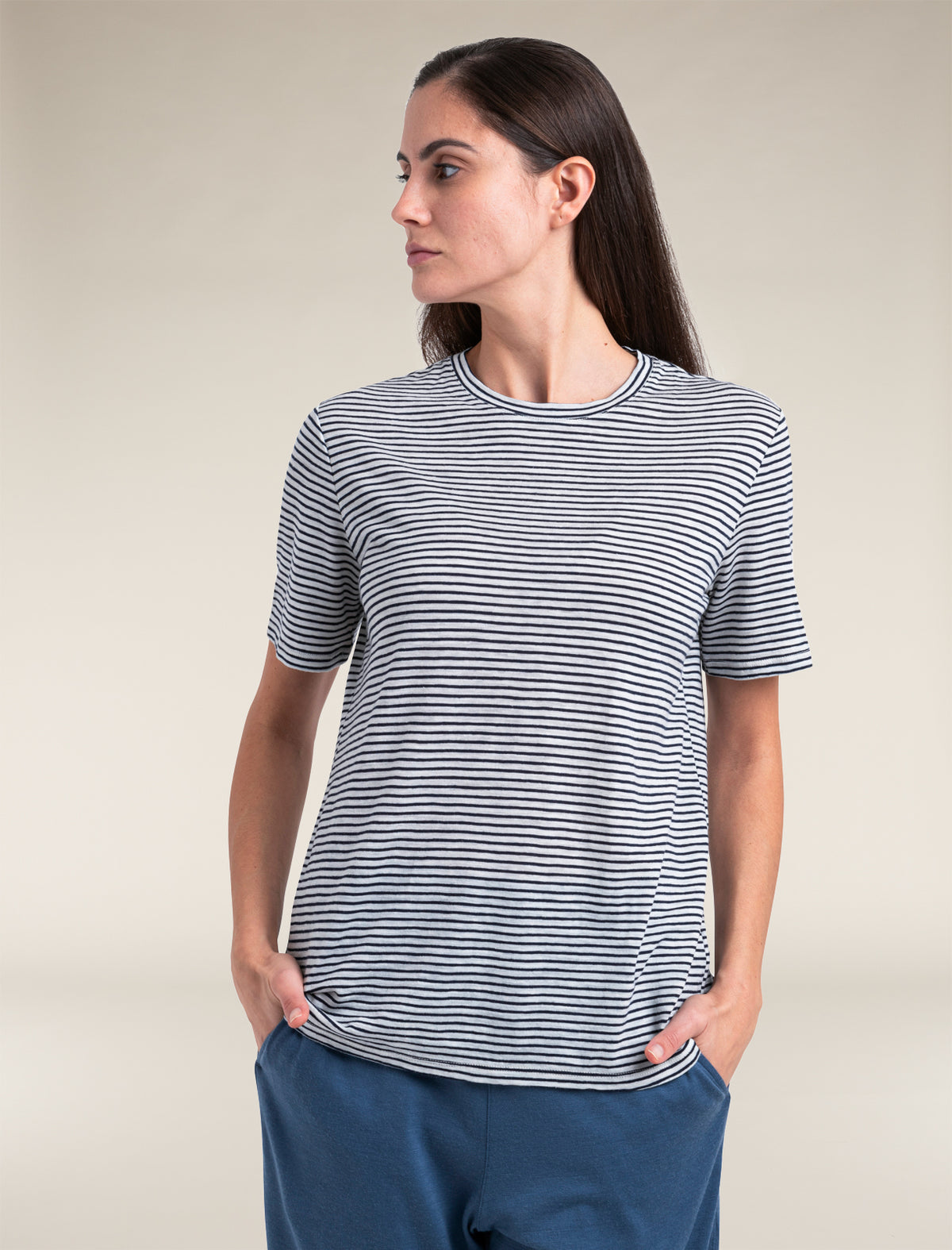 Women's Merino Linen T-Shirt Stripe Snow/Midnight Navy - 3
