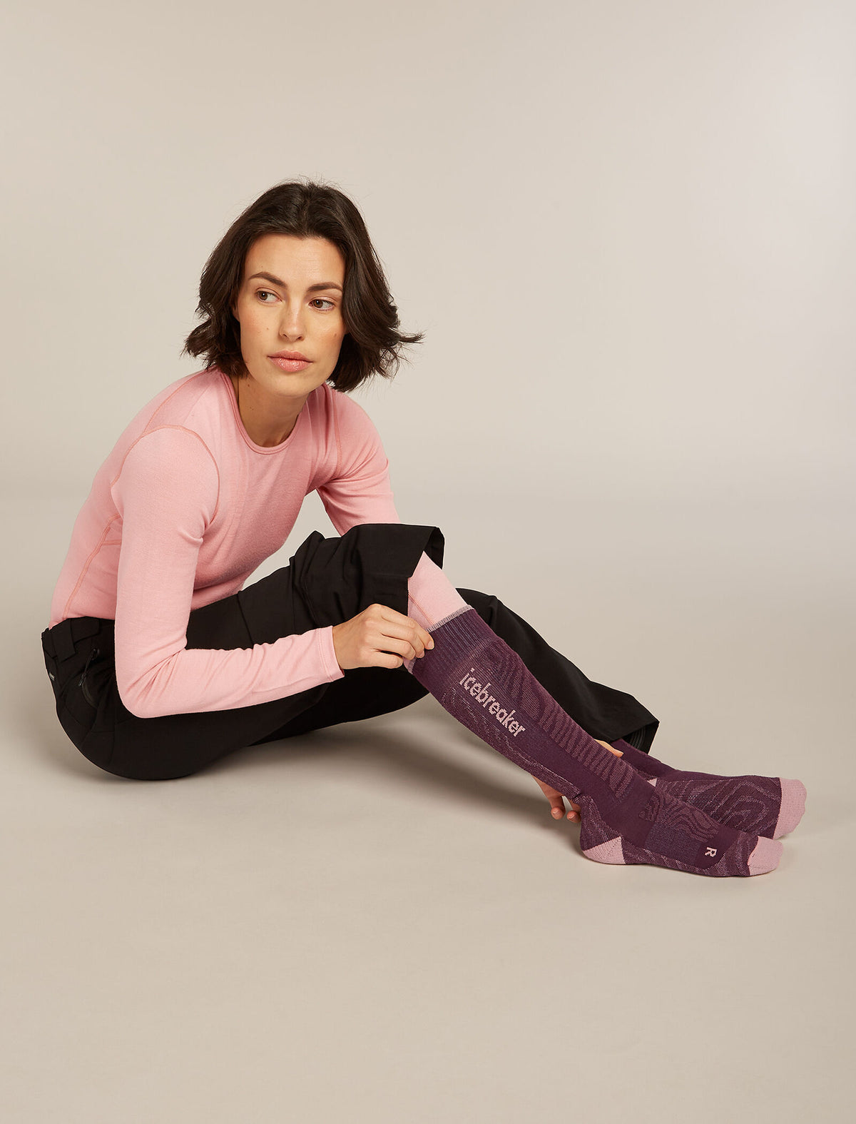 Women's Merino Blend Ski+ Medium Over The Calf Socks Mountain Contour Java/Blush - 2