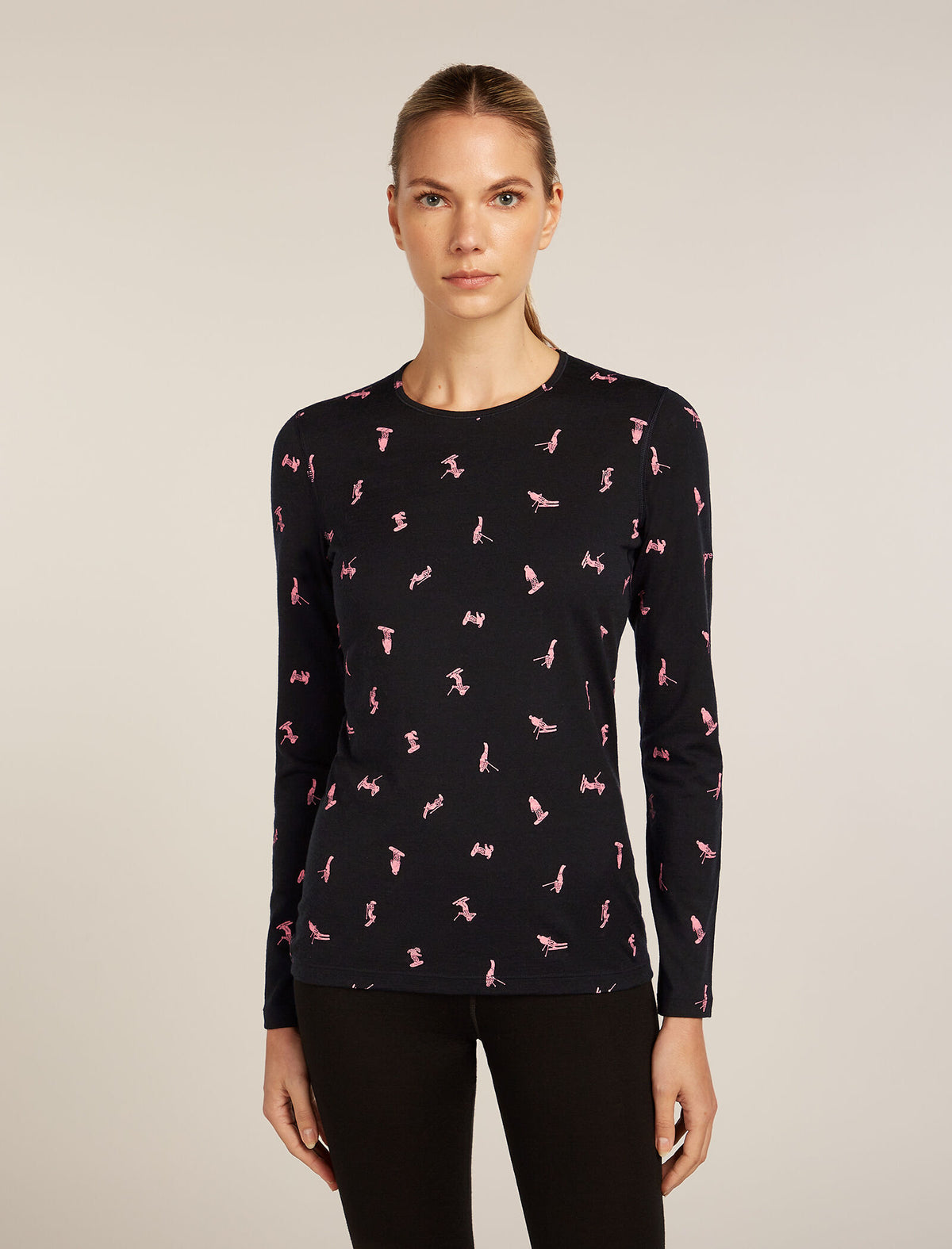 Women's Merino 200 Oasis Long Sleeve Crewe Thermal Top Snow Day Black/Acid Pink - 1