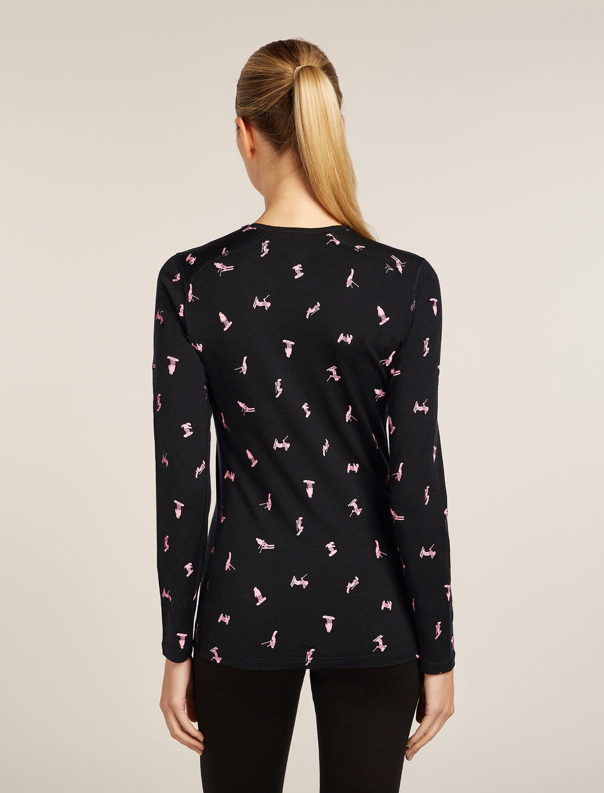 Women's Merino 200 Oasis Long Sleeve Crewe Thermal Top Snow Day Black/Acid Pink - 2