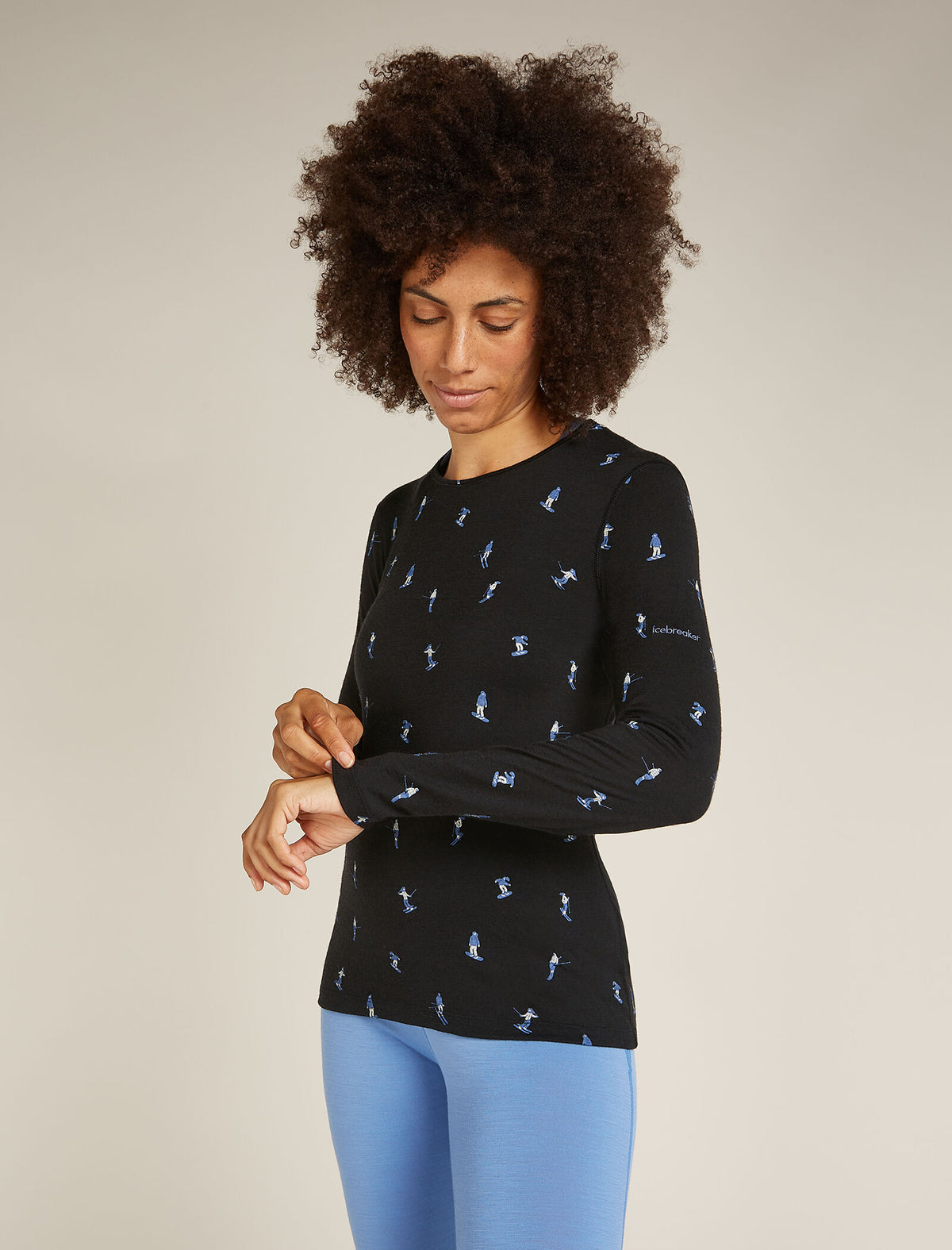 Women's Merino 200 Oasis Long Sleeve Crewe Thermal Top Snow Day Black/Aop - 1