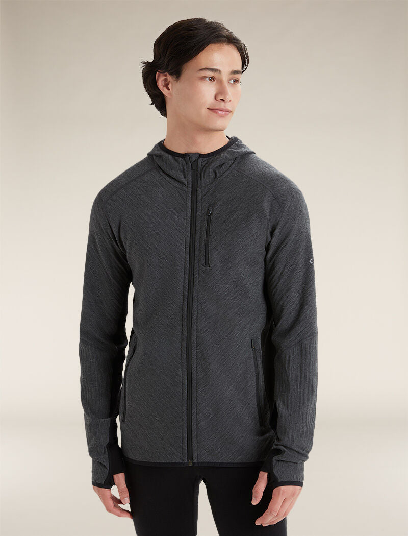 Haut à capuche, glissière et manches longues Descender en mélange de mérinos Men's Jet Heather/Black - 1