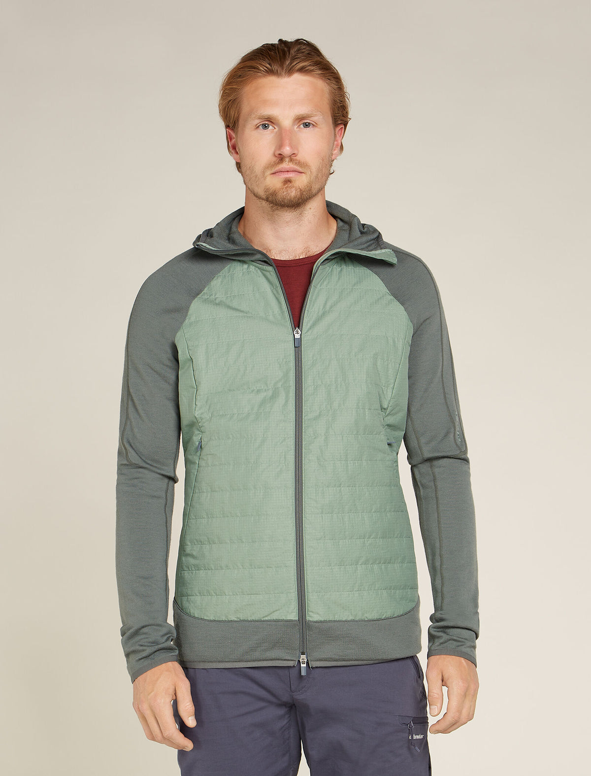 Haut à capuche, manches longues et glissière Quantum Hybrid en mélange de mérinos Homme Galaxy/Moss - 1