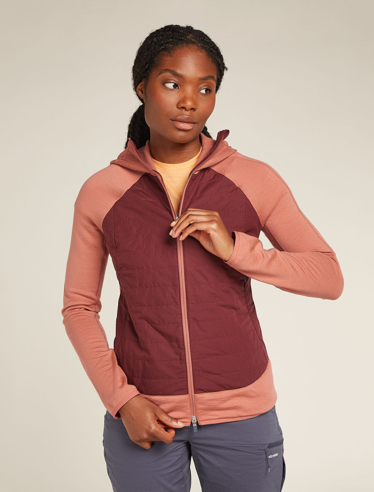 Women's Merino Blend Quantum Hybrid Long Sleeve Zip Hoodie Cedar Wood/Port - 1