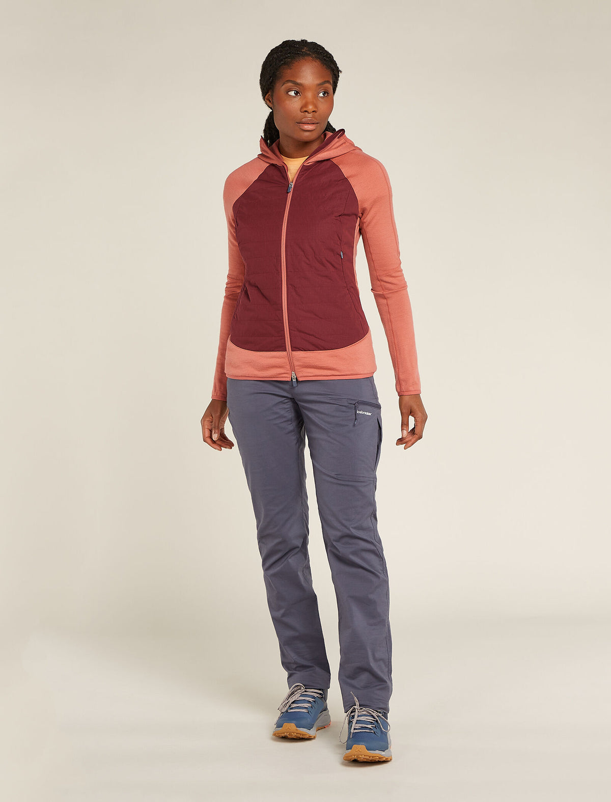 Women's Merino Blend Quantum Hybrid Long Sleeve Zip Hoodie Cedar Wood/Port - 3