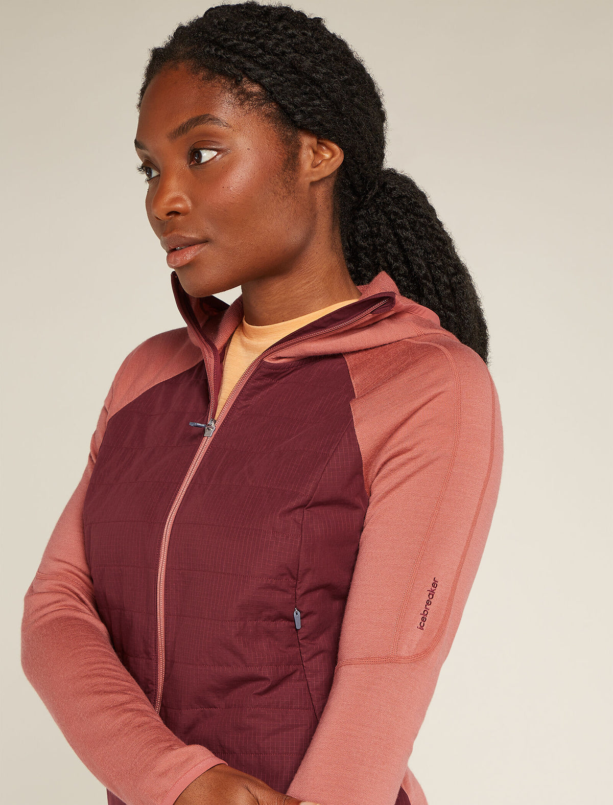 Women's Merino Blend Quantum Hybrid Long Sleeve Zip Hoodie Cedar Wood/Port - 6