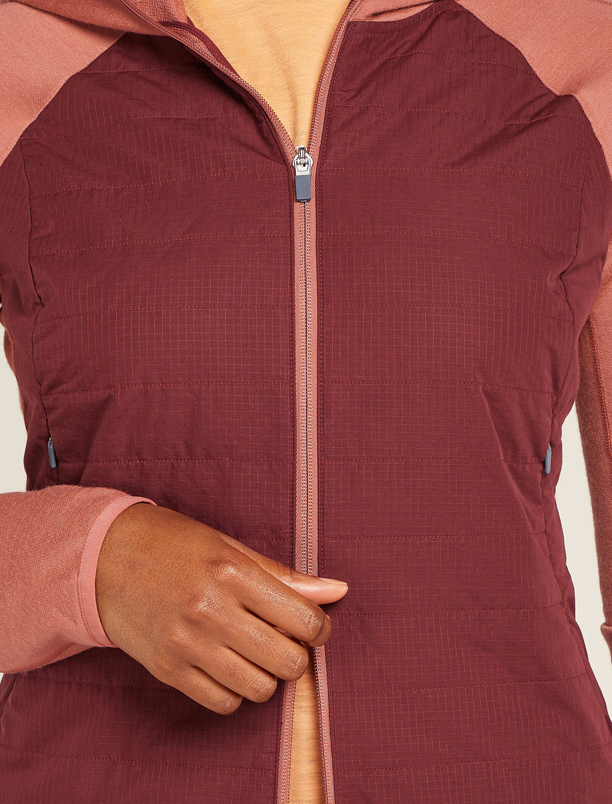 Women's Merino Blend Quantum Hybrid Long Sleeve Zip Hoodie Cedar Wood/Port - 7