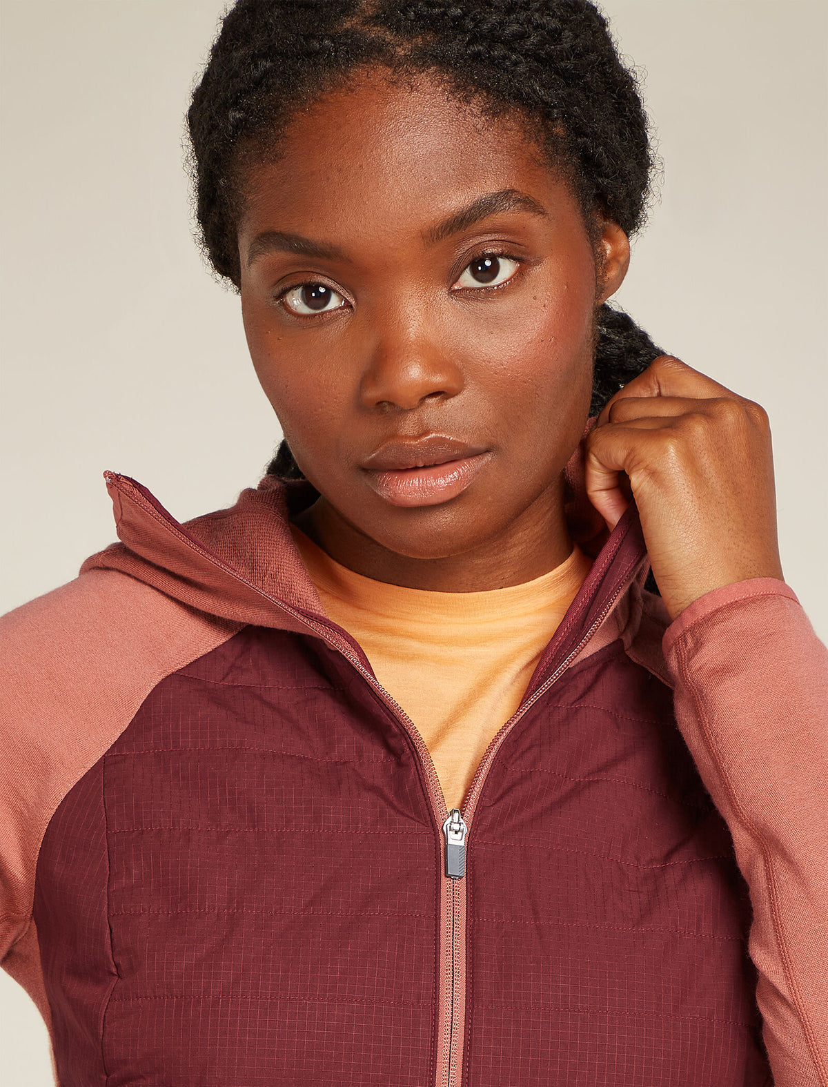 Women's Merino Blend Quantum Hybrid Long Sleeve Zip Hoodie Cedar Wood/Port - 8