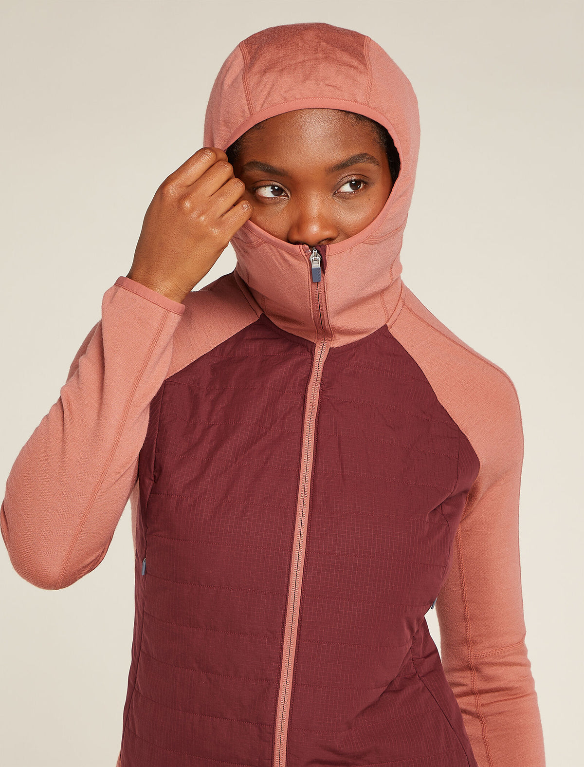 Women's Merino Blend Quantum Hybrid Long Sleeve Zip Hoodie Cedar Wood/Port - 9